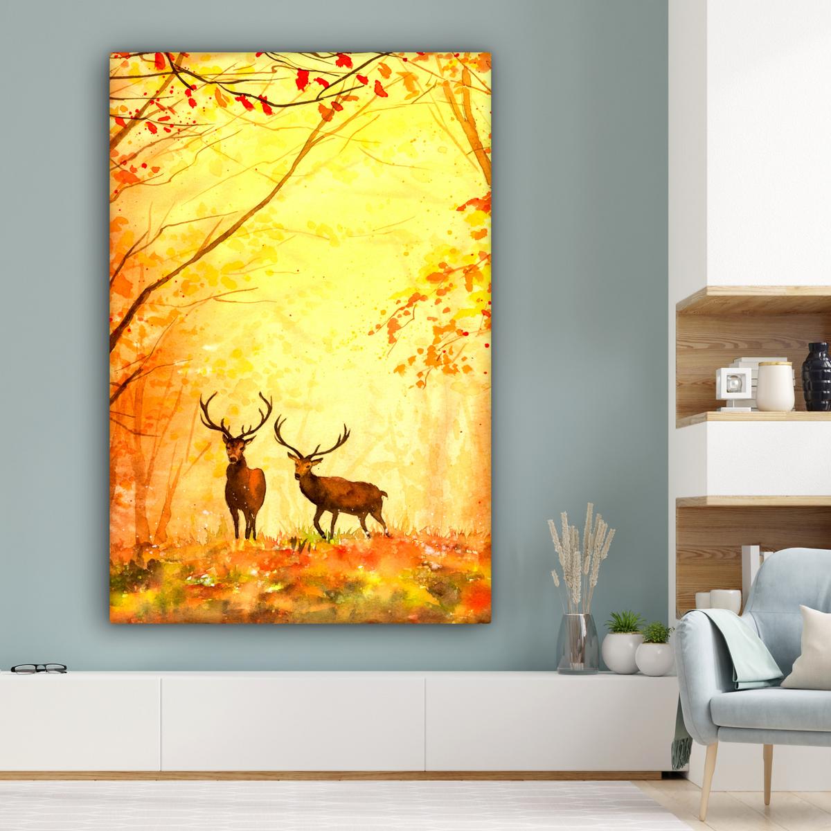 LEINWANDBILD Natur - Ölfarbe - Hirsche - Tiere - Herbst - Orange Deko Groß 90x140 cm - Orange, Textil (90/140cm) - MuchoWow