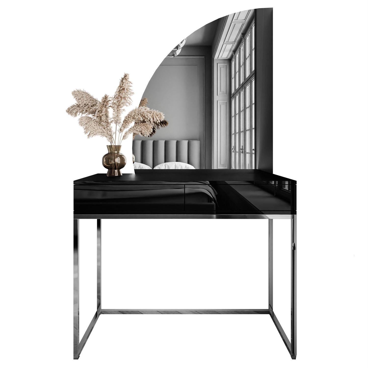 SCHMINKTISCH schwarz QUINNIE GLAMOUR mit LED-Spiegel links PUSH OPEN - Silberfarben/Schwarz, Holzwerkstoff (100/176/42cm) - Lookway