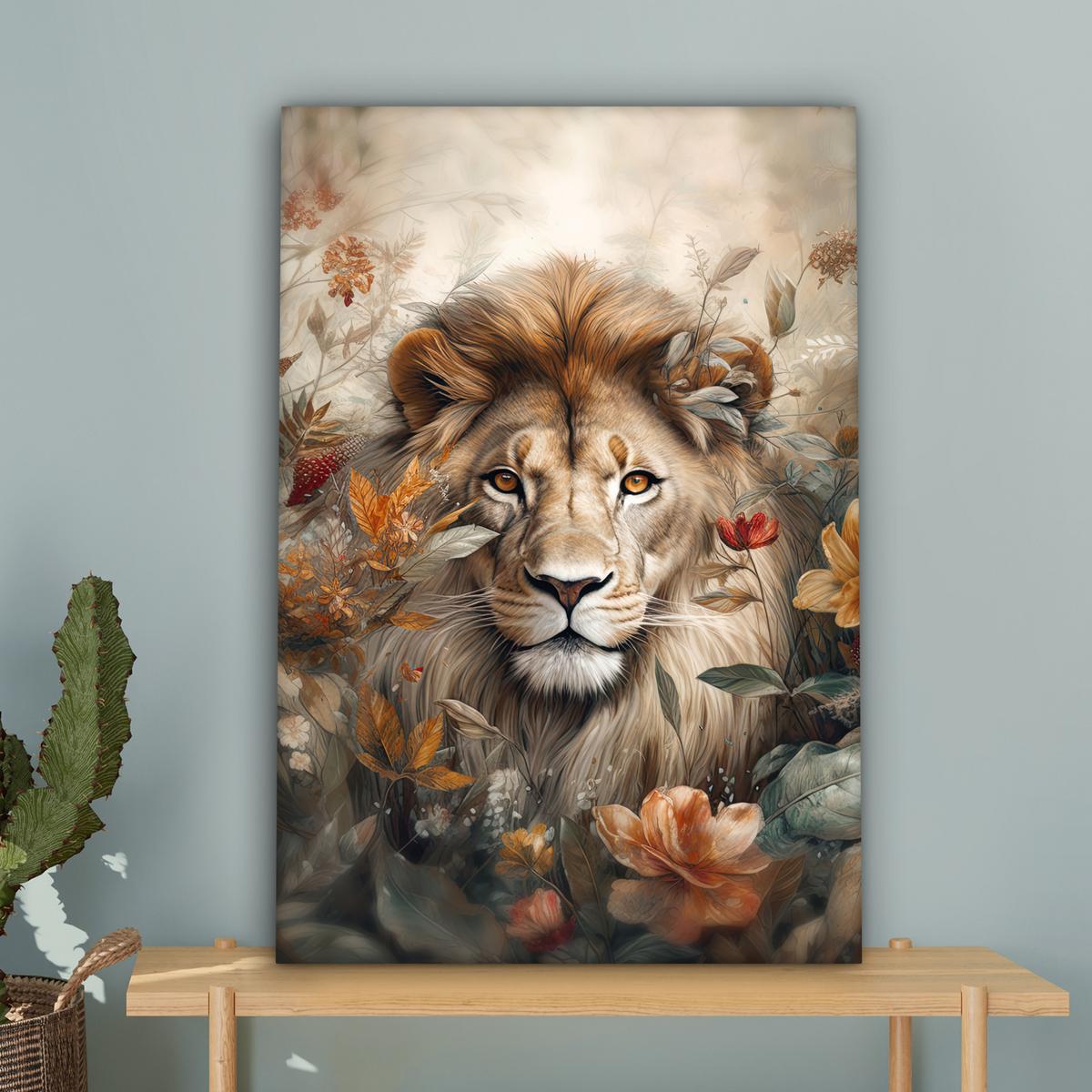 LEINWANDBILD Löwe - Wildtiere - Pflanzen - Natur - Blumen Wanddeko Schlafzimmer 60x90 cm - Beige, Textil (60/90cm) - MuchoWow