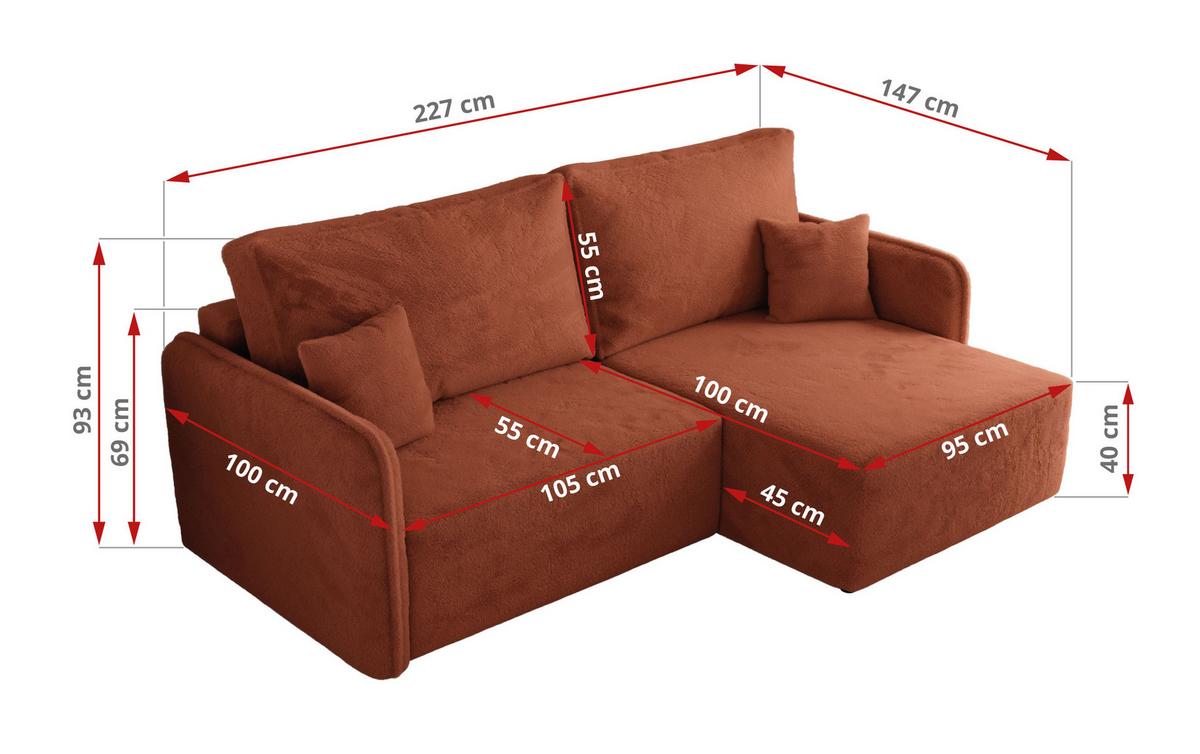 ECKSCHLAFSOFA MESTO L Orange Plüsch - links - Schwarz/Orange, Kunststoff/Textil (227/147cm) - MKS