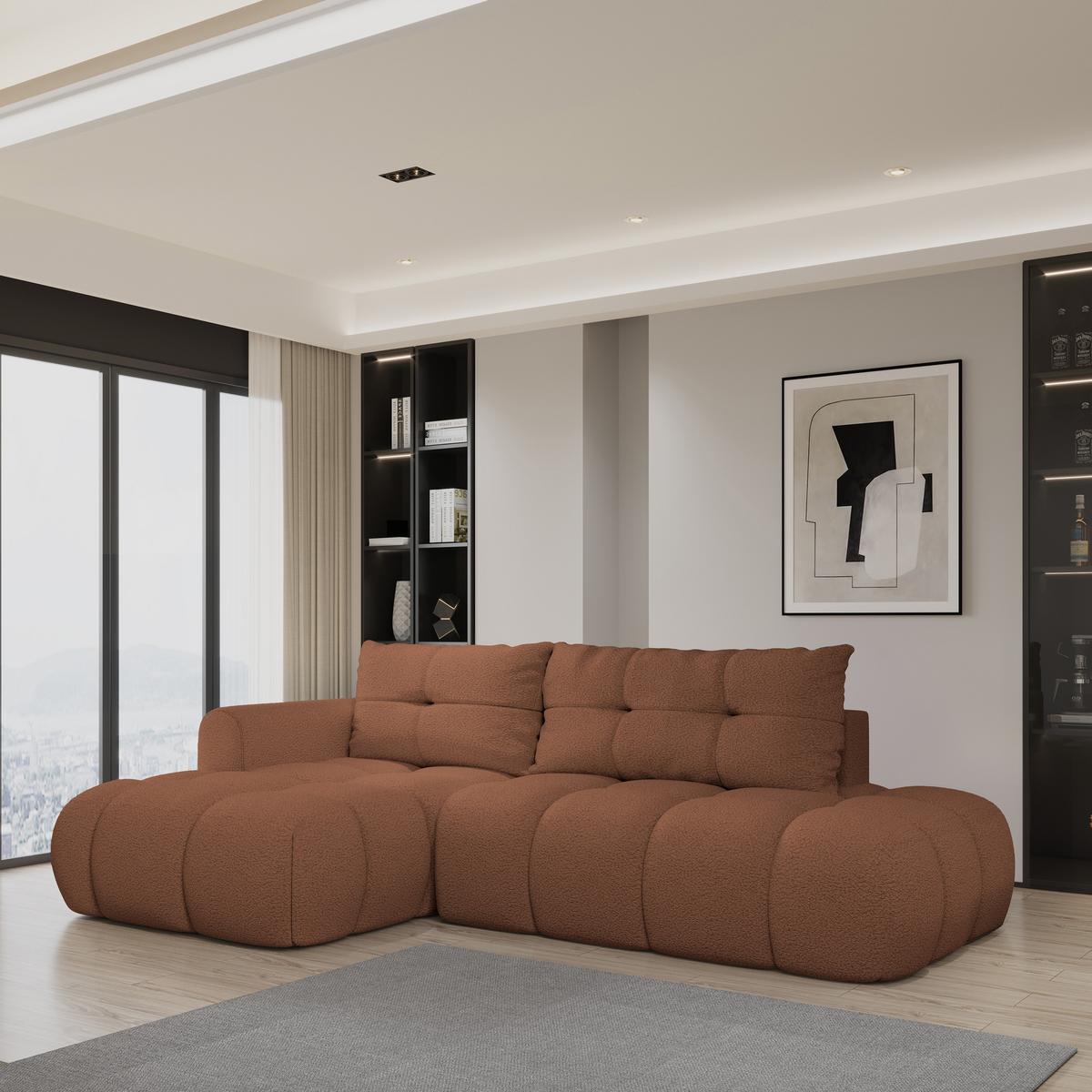ECKSOFA FLUMA L-S Kupferfarben Boucle-Stoff mit Schlaffunktion - Kupferfarben, Holz (279/158cm) - MASSENO