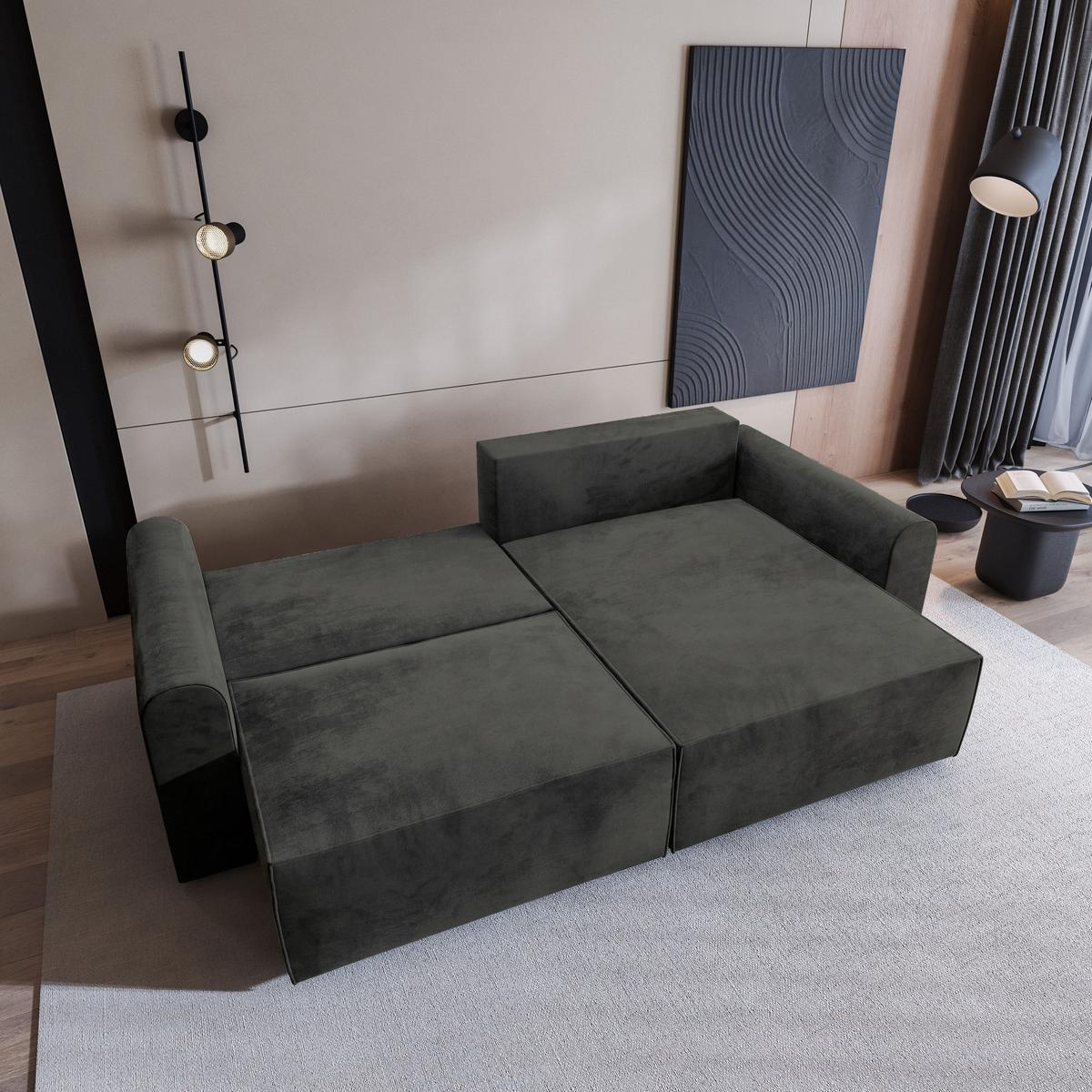 ECKSOFA FIANO M Schwarz Velours-Stoff mit Schlaffunktion - Schwarz/Grau, Holz/Kunststoff (245/148cm) - MASSENO
