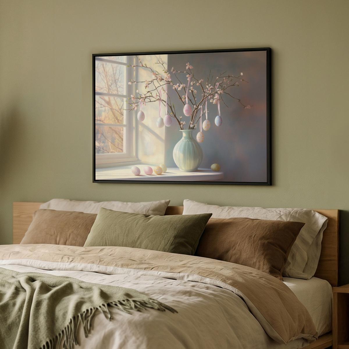 LEINWAND Bilder mit Rahmen - Stillleben - Vase - Osterzweig - 80x60 - Hellblau, Textil (80/60cm) - MuchoWow