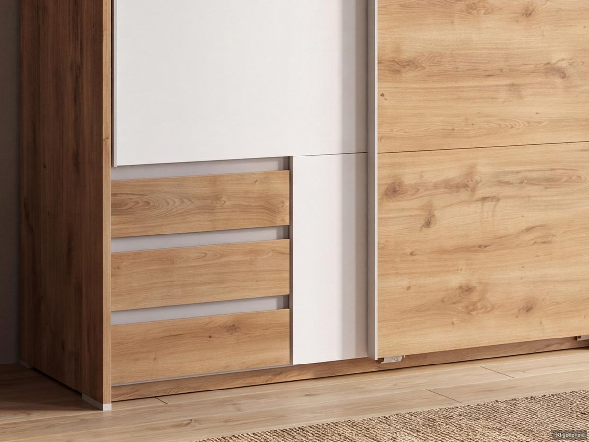 SCHWEBETÜRENSCHRANK 2-türig B138/H200/T65 cm, Passepartout-Kleiderschrank mit sichtbaren Schubkästen in Eiche Dekor, 1x Tür in Weiß / 22670 - Eichefarben/Alufarben, Holz/Holzwerkstoff (138/200/65cm) - luma-home