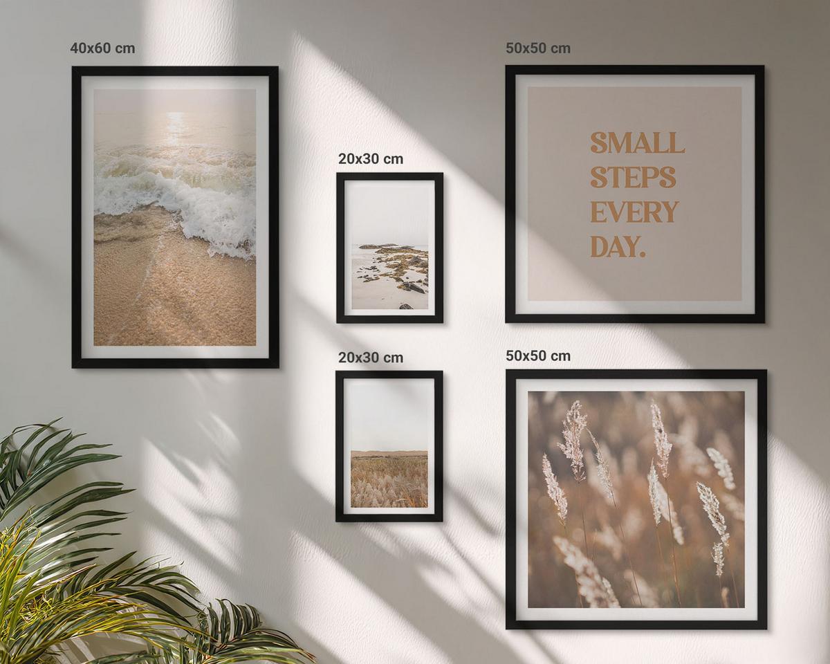 BILDER SET 5er Set - 50x50 cm & 20x30 cm & 40x60 cm Schwarzer Rahmen - Strandwellen, Steine, Sommer - Schwarz, Kunststoff (40/60cm) - TULUP