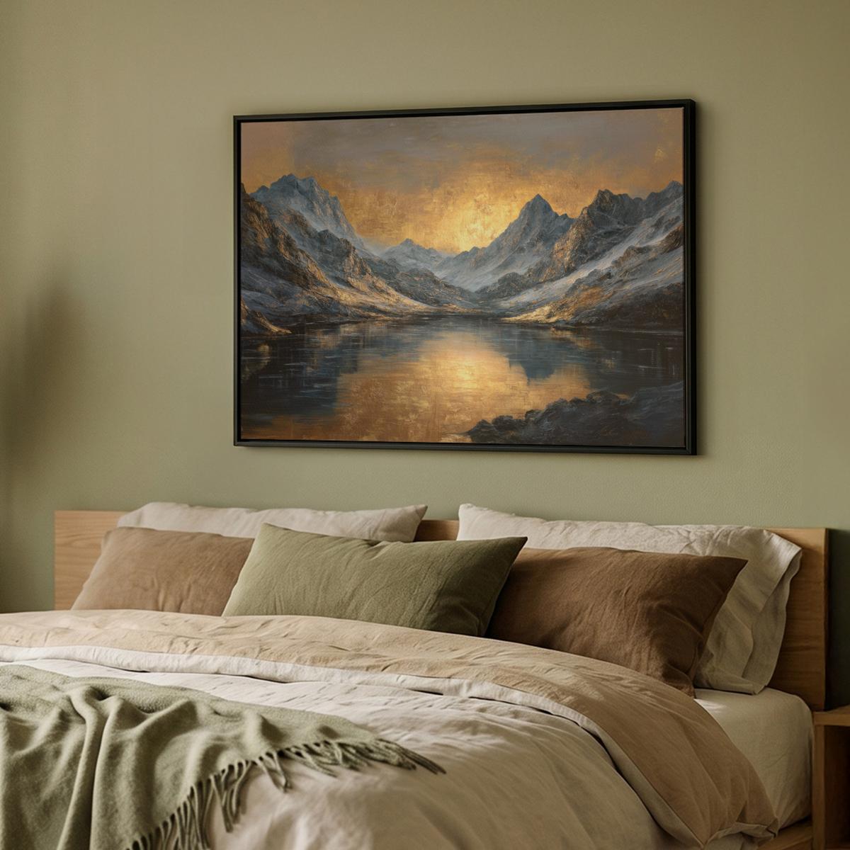 LEINWAND Bilder mit Rahmen - Bergkulisse mit goldenem Sonnenuntergang - 100x70 - Goldfarben, Textil (100/70cm) - MuchoWow