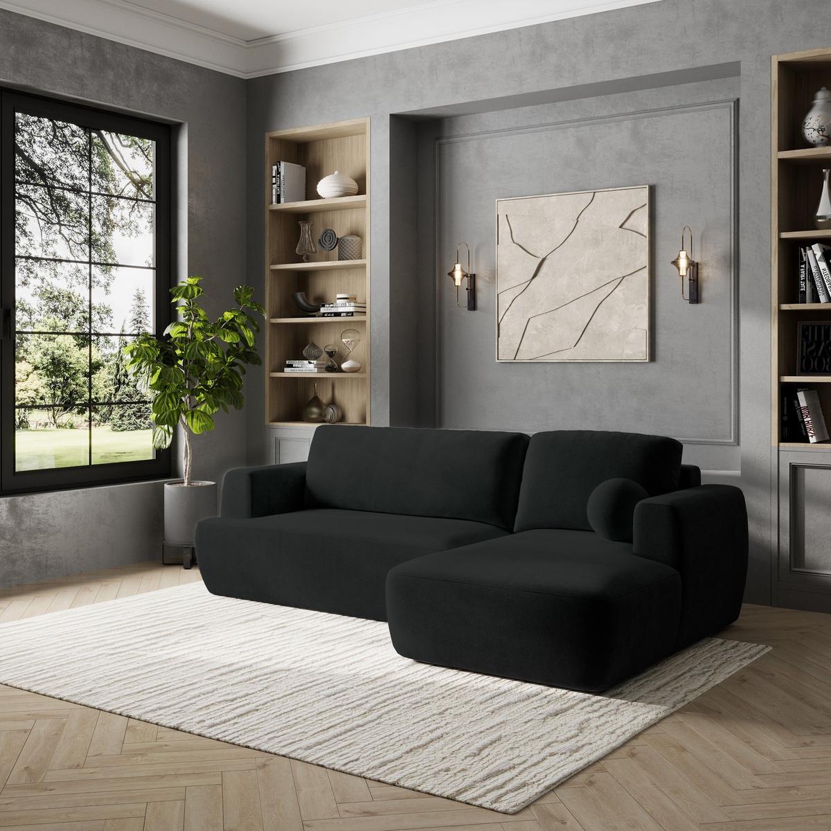 ECKSOFA SENTI K R-S Schwarz Plüsch-Stoff mit Schlaffunktion - Schwarz, Holz/Kunststoff (246/148cm) - MASSENO