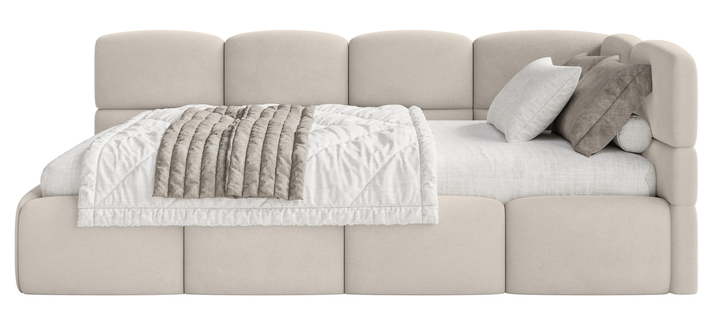 JUGENDBETT Cloudy Hellbeige 90x200 cm, mit Matratze, Kopfteil rechts, Samt - Ecru/Schwarz, Kunststoff/Textil (90/200cm) - Selsey