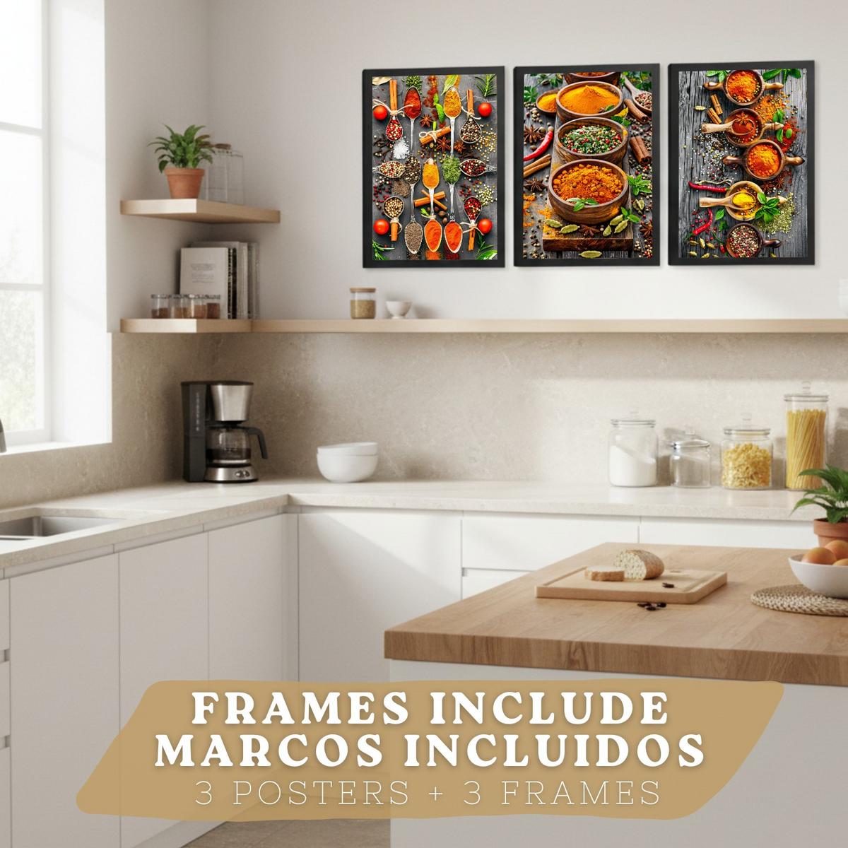 POSTER 3er Set Gewürze und Kräuter Wandbilder Aromatische Zutaten Food Fotografie Küche Esszimmer Deko Schwarzer Rahmen A3 - Schwarz, Papier (29.7/1/42cm) - Nacnic