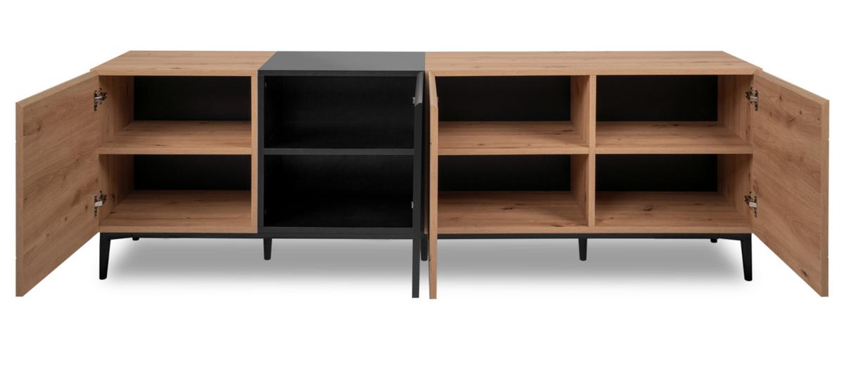TV-LOWBOARD Eiche Artisan, schwarz 200 cm, Flat-TV Unterschrank 8 Fächer und Komforthöhe - Schwarz/Eiche Artisan, Holzwerkstoff (200/65/42cm) - Furn.Design