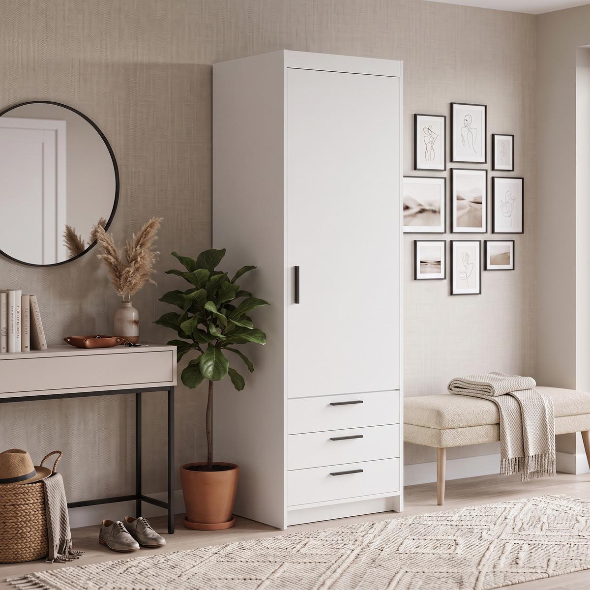DREHTÜRENSCHRANK Elena mit 1 Tür und 3 Schubladen, Weiß - Weiß, Holzwerkstoff (60/190/53cm) - Beautysofa