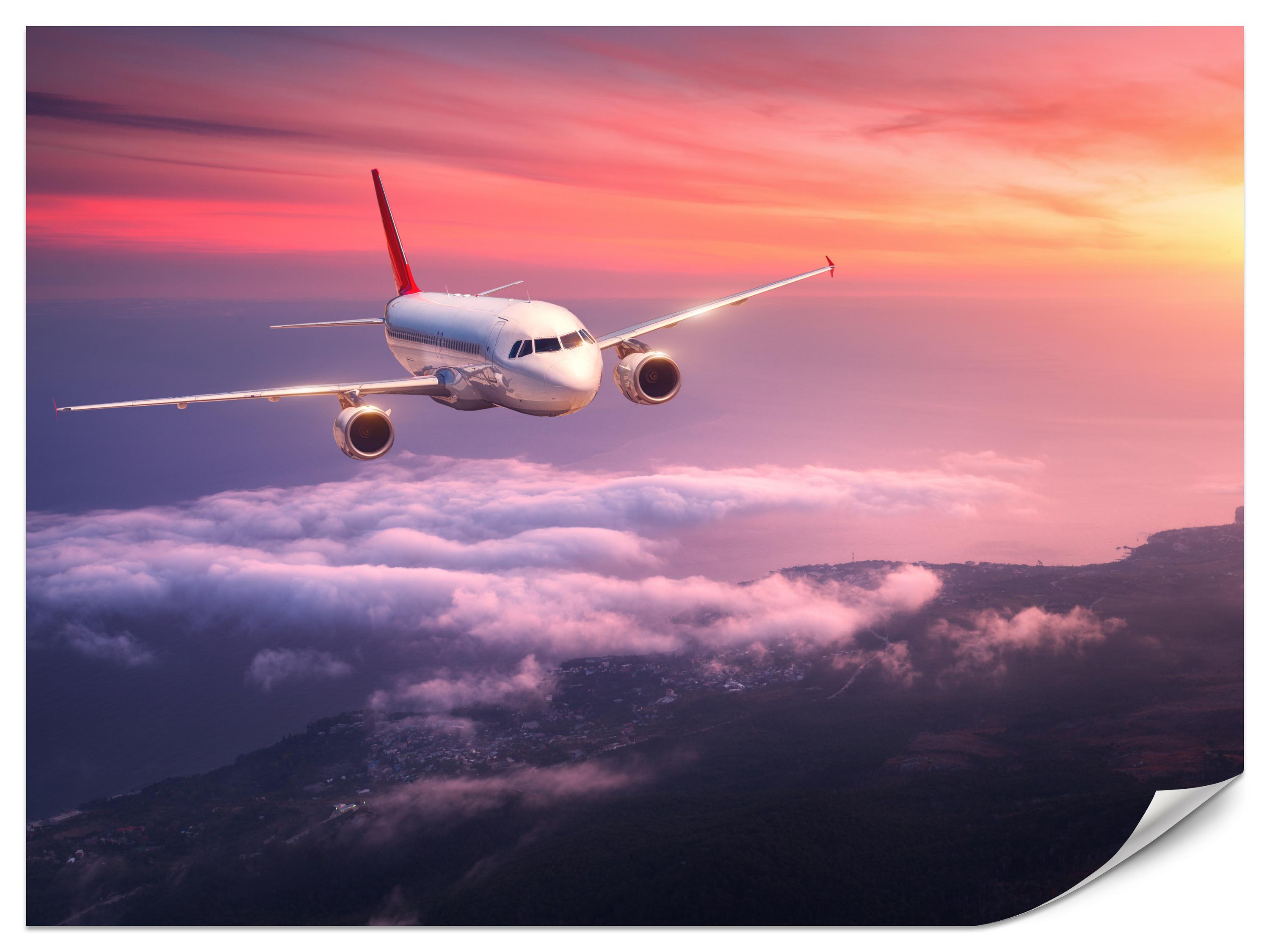 FOTOTAPETE für Wohnzimmer Flugzeug Sonnenuntergang Wolken Himmel 150x105 - Gelb/Rot, Papier (150/105cm) - Muralo
