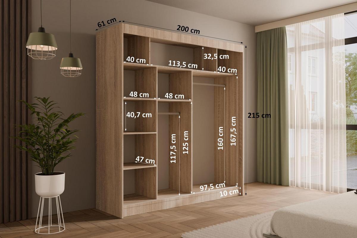 KLEIDERSCHRANK PEKA III - 200 cm - Sonoma Eiche|Weiß - Weiß/Sonoma Eiche, Holzwerkstoff (200/215/61cm) - ALTDECOR