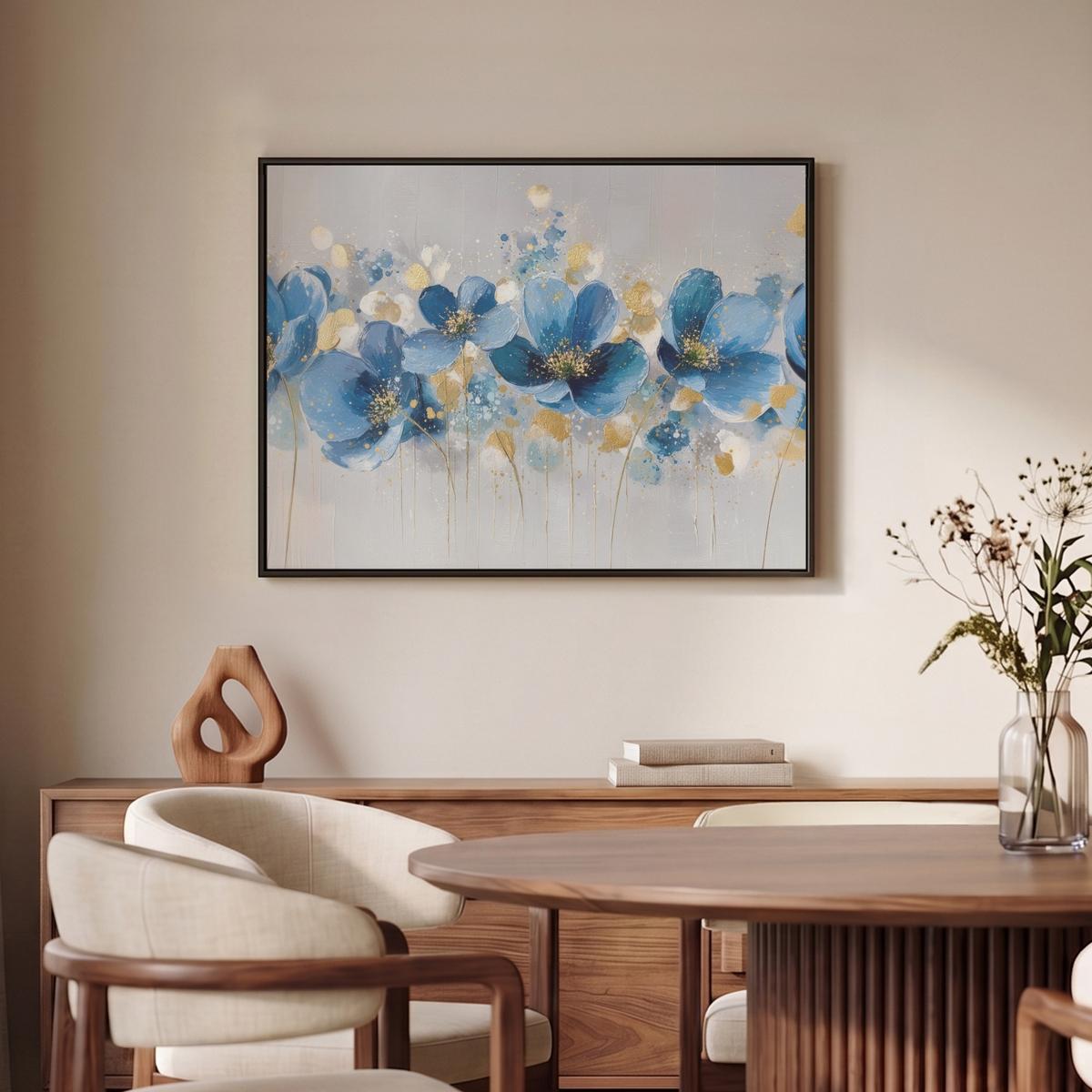 LEINWAND Bilder mit Rahmen - Blumen - Blau - Abstrakt - 70x50 - Hellgrau, Textil (70/50cm) - MuchoWow