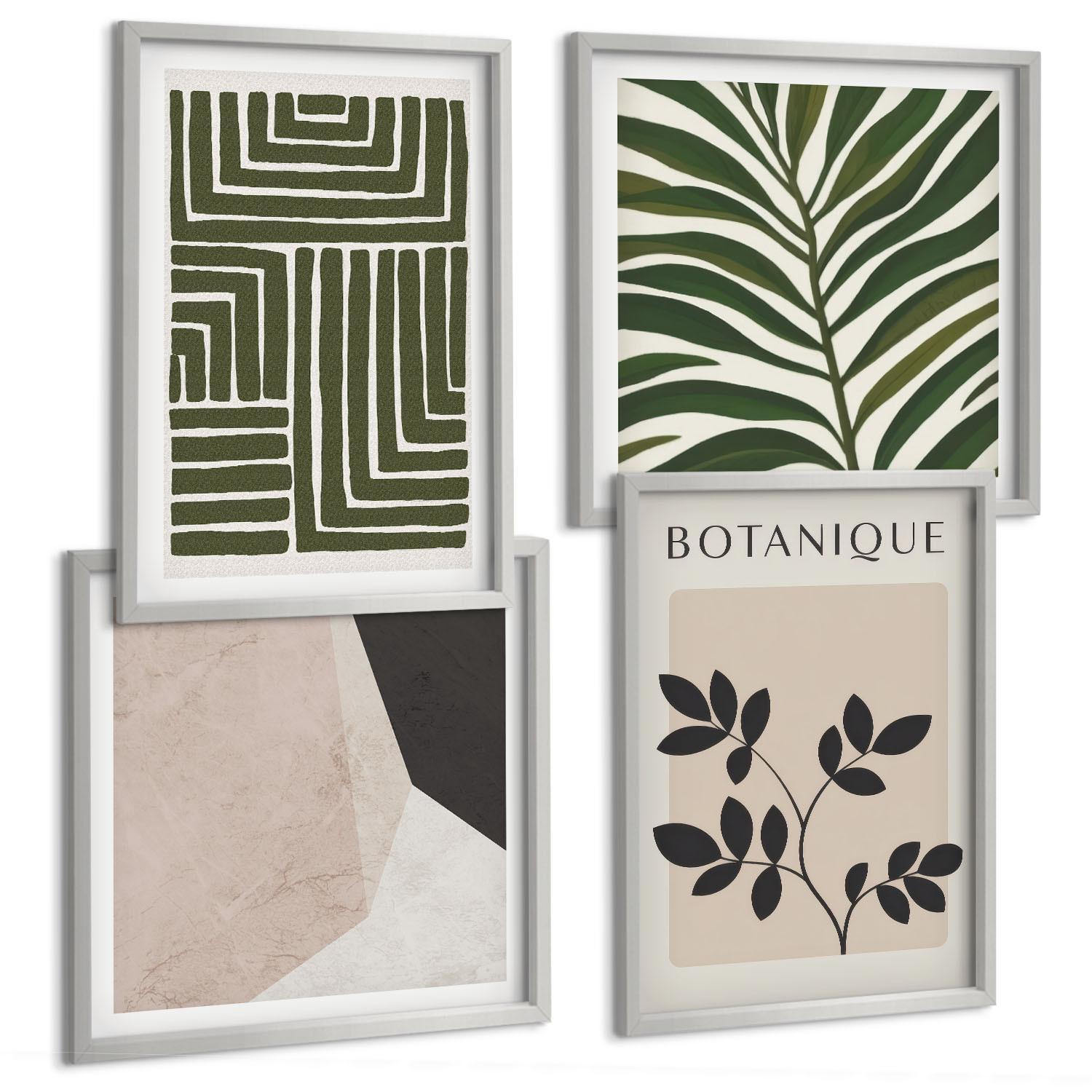 BILDER SET 4er Set - 50x50 cm & 40x60 cm Silberner Rahmen - Botanische Boho-Kompositionen - Silberfarben, Kunststoff (50/50cm) - TULUP