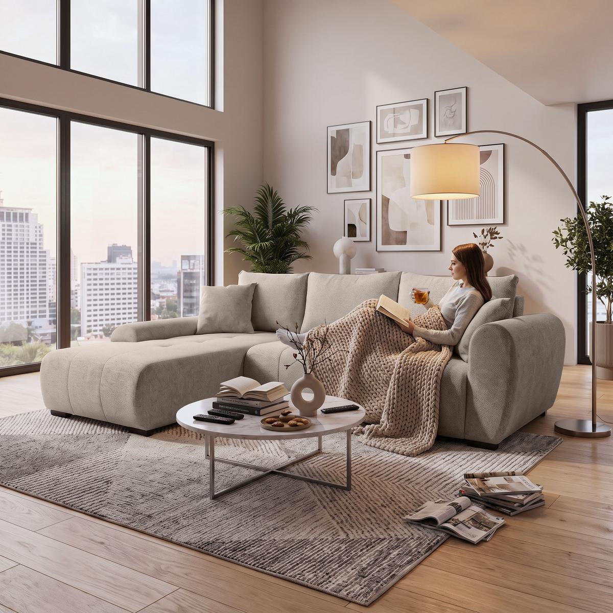 ECKSCHLAFSOFA Dallas mit Bettkasten, 255 cm, Beige, links, Velour-Stoff - Cappuccino, Textil (255/175cm) - Beautysofa