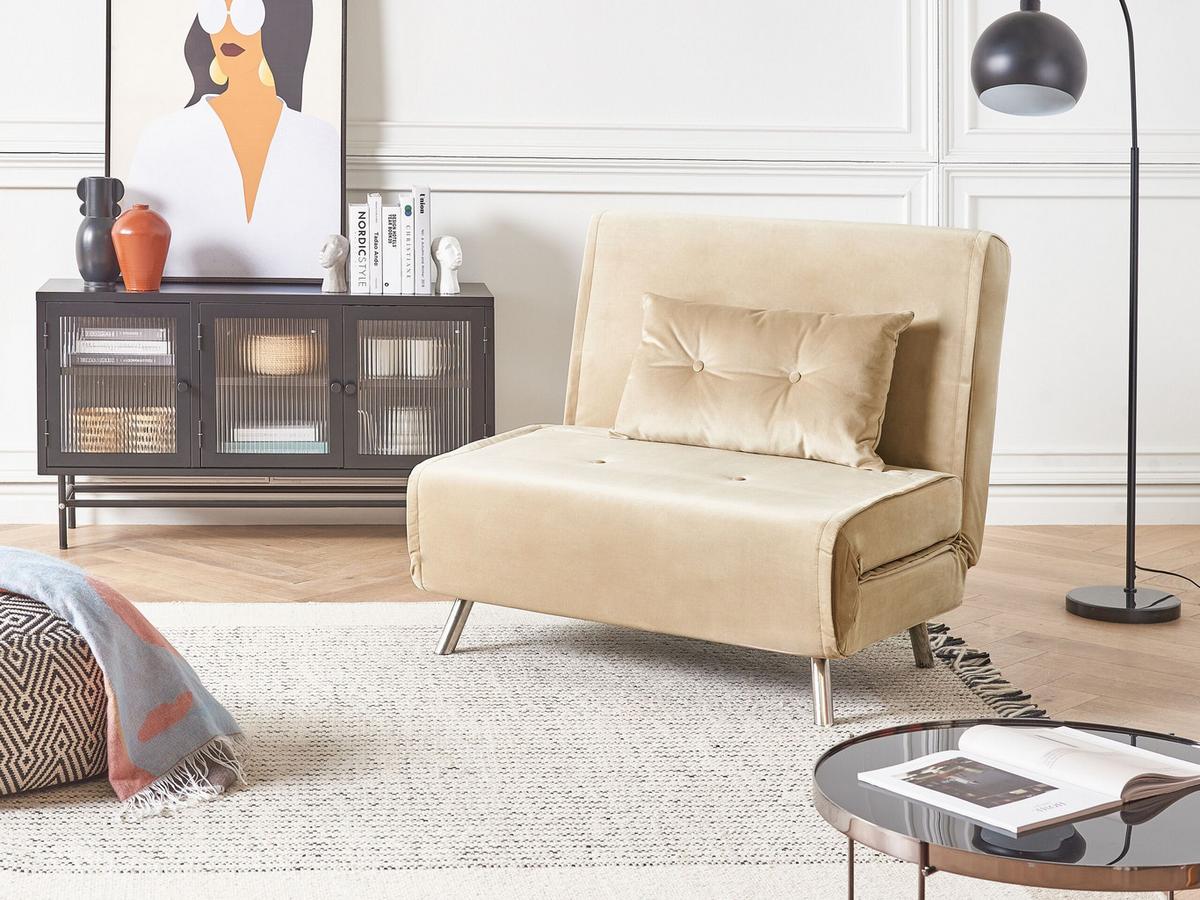 1-SITZER-SCHLAFSOFA Samtstoff Sandbeige Farris - Beige, Textil (100/89/191cm) - Beliani