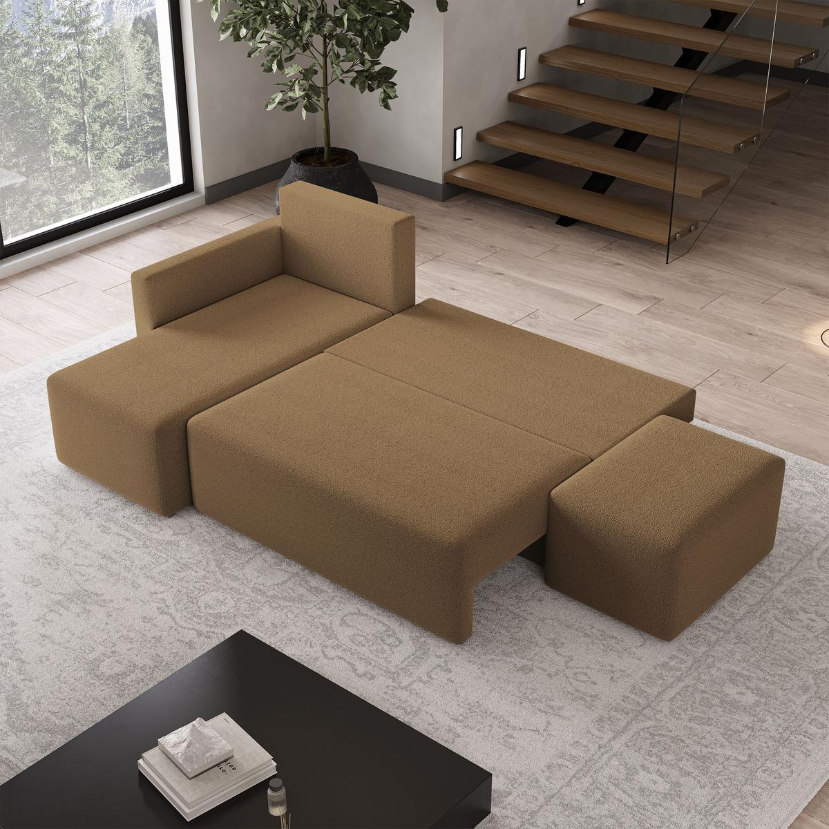 ECKSOFA VELOTTI L-S Orange Boucle-Stoff mit Schlaffunktion - Orange, Holz (261/143cm) - MASSENO