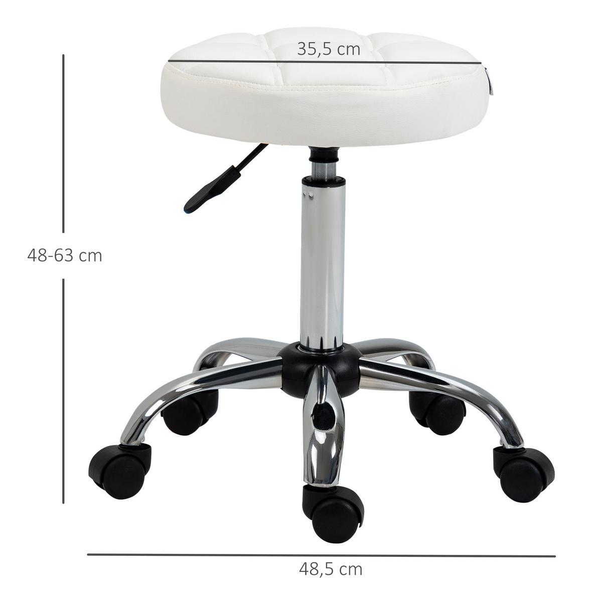 ROLLHOCKER Höhenverstellbarer Arbeitshocker, Drehbarer Salon Hocker für Büro - Weiß, Leder (35.5/67/35.5cm) - HOMCOM