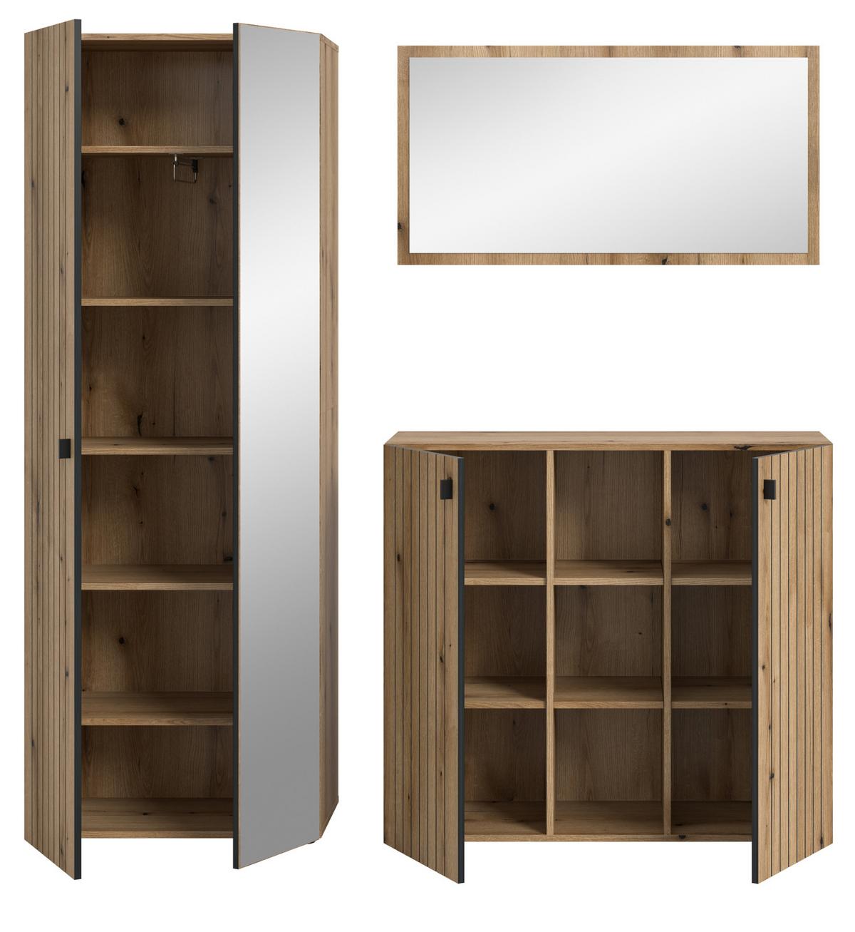 GARDEROBEN-SET Evoke Eiche 3-teilig 191 cm, Garderobenkombination mit viel Stauraum - Schwarz/Eiche Artisan, Glas/Holzwerkstoff (191/192/37cm) - Inn.Furn