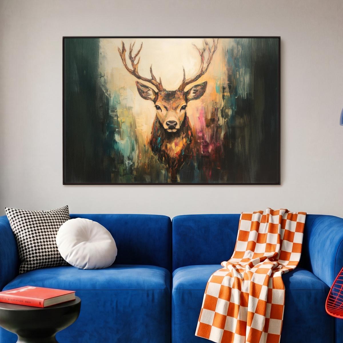 LEINWAND Bilder mit Rahmen - Hirsch - Gemalt - Geweih - Braun - 90x60 - Haselnussfarben, Textil (90/60cm) - MuchoWow
