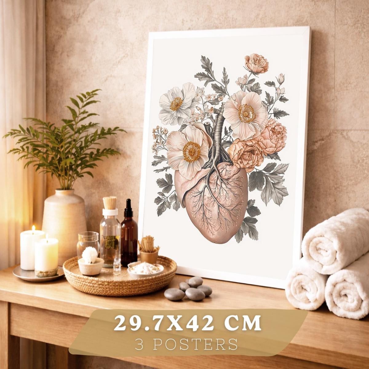 POSTER Set aus 3 Anatomie Mensch Florale Drucke und Wandbilder mit Herz Schädel und Brustkorb Weicher Vintage Stil Größe Weißer Rahmen A3 - Weiß, Papier (29.7/42/3cm) - Nacnic