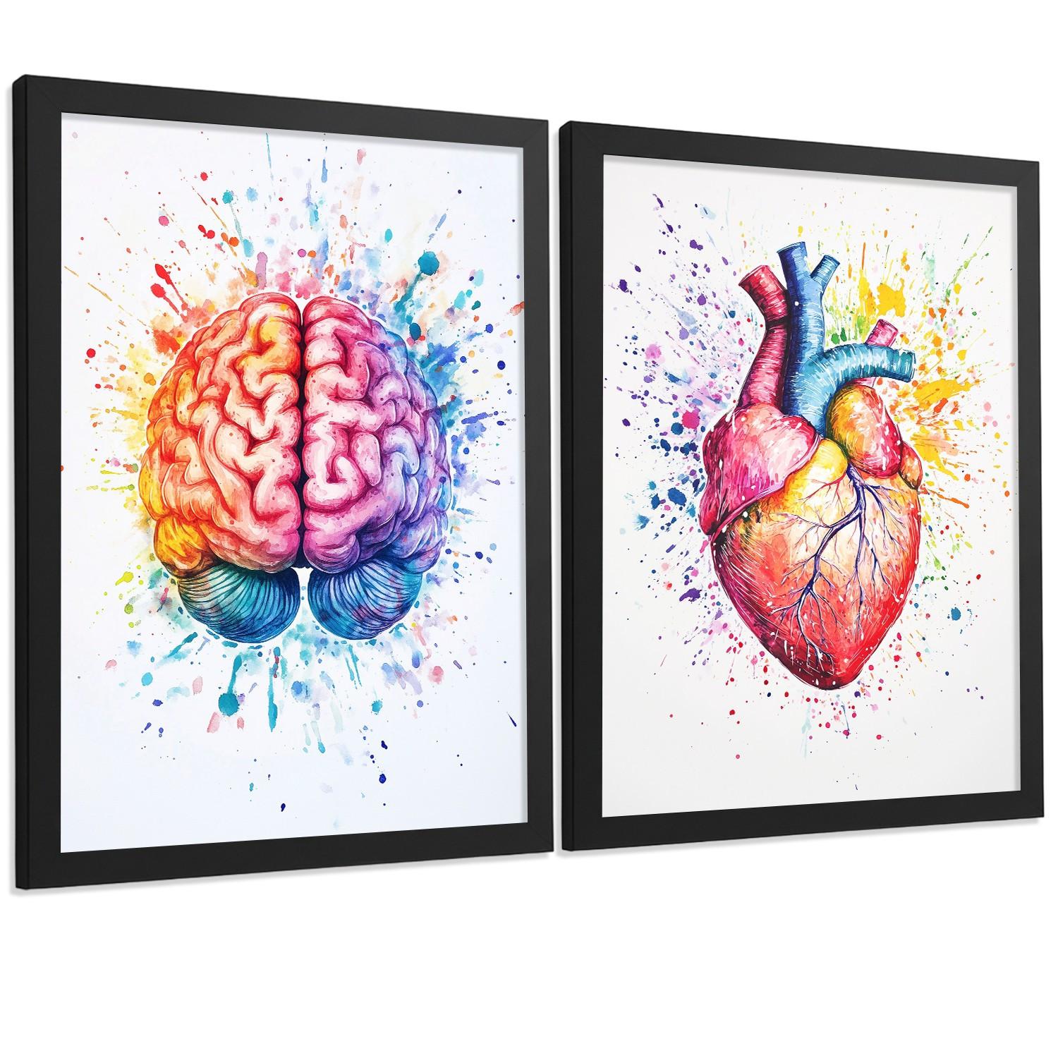 POSTER Set aus 2 Anatomie Drucke und Wandbilder mit Gehirn und Herz Künstlerische Mehrfarbig Aquarell Illustration Größe Schwarzer Rahmen A4 - Schwarz, Papier (21/29.7/3cm) - Nacnic