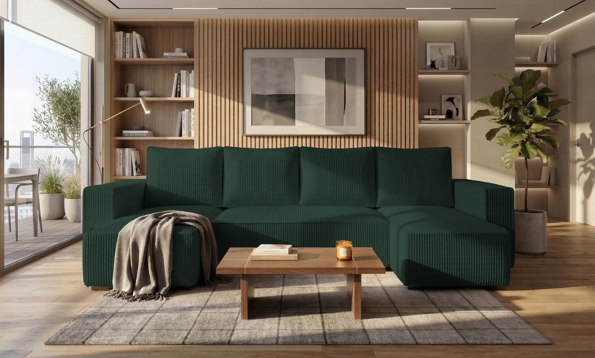 WOHNLANDSCHAFT CUDDY U mit Schlaffunktion und Bettkasten, Farbe: Grün, Cordstoff - Grün, Textil (305/85/140cm) - Storez24