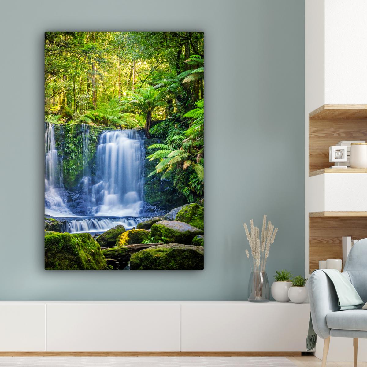 LEINWANDBILD Dschungel - Wasserfall - Australien - Pflanzen - Natur Deko XXL 80x120 cm - Dunkelgrün, Textil (80/120cm) - MuchoWow