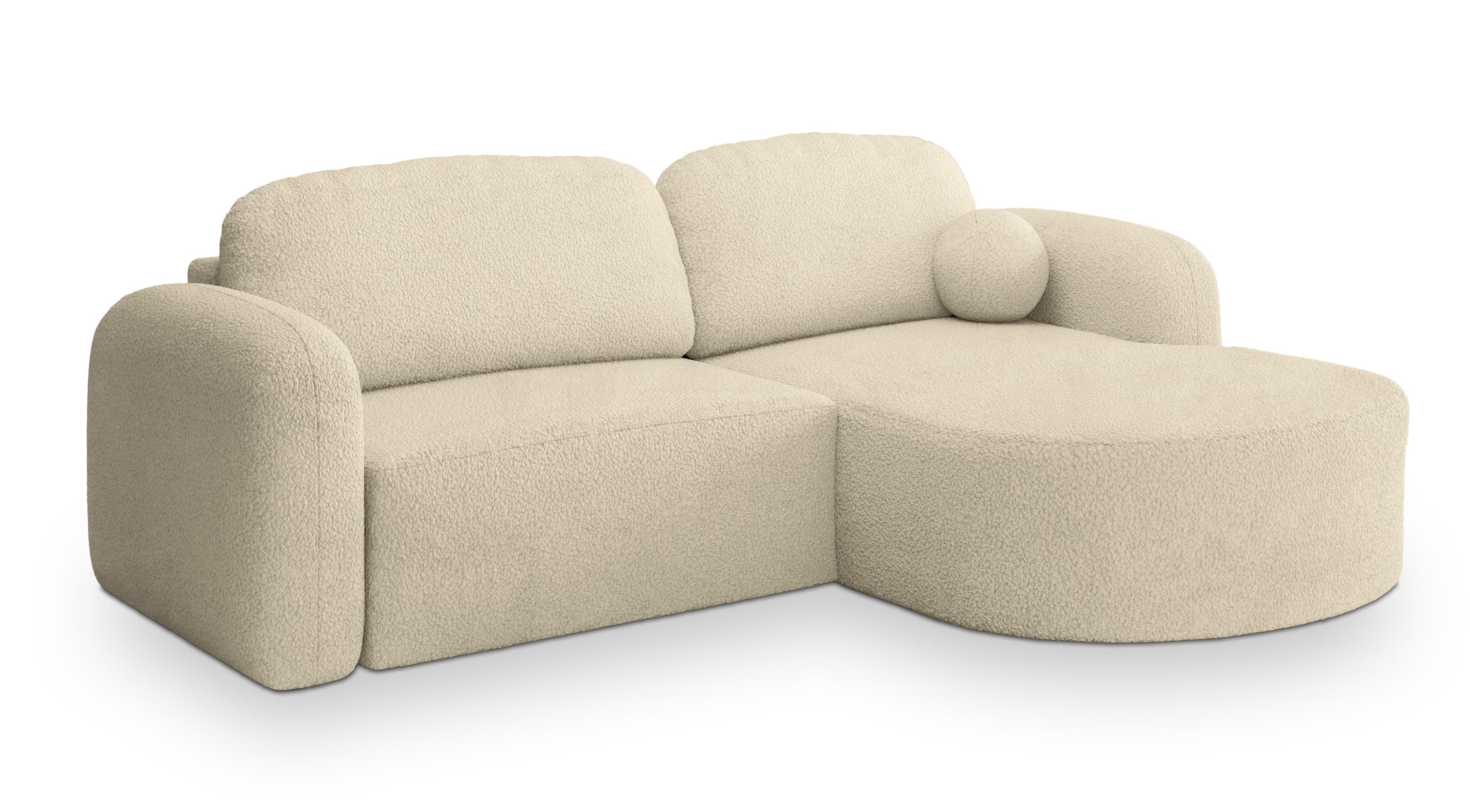 ECKSOFA AMILIA R-S Creme Boucle-Stoff mit Schlaffunktion - Creme, Holz (263/174cm) - MASSENO
