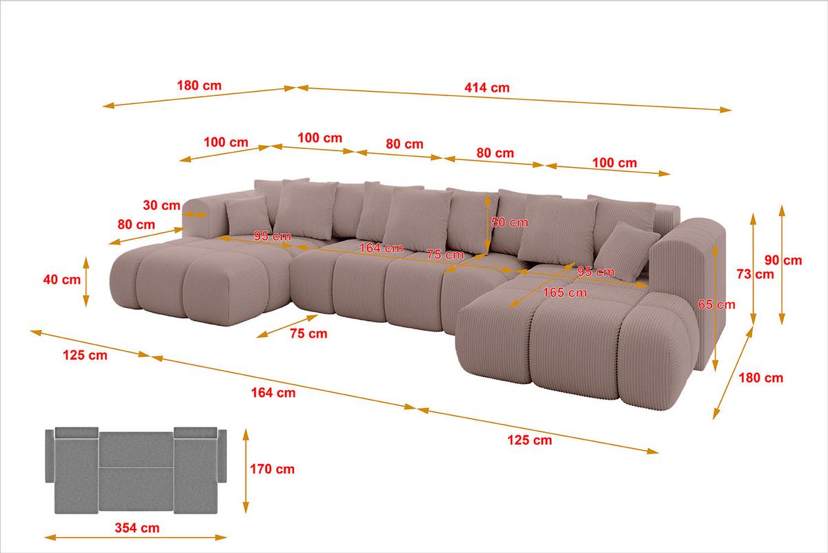 WOHNLANDSCHAFT CLOUD-U-v1 405x185x90 Rosa Cord - Rosa, Holzwerkstoff/Kunststoff (405/90/185cm) - ALTDECOR