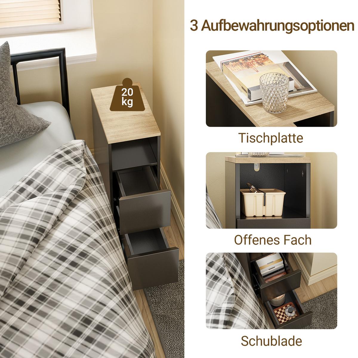 NACHTTISCH schmal mit 2 Schubladen, 20x35x60cm Schwarz - Ahornfarben, Fell (35/60/20cm) - SoBuy