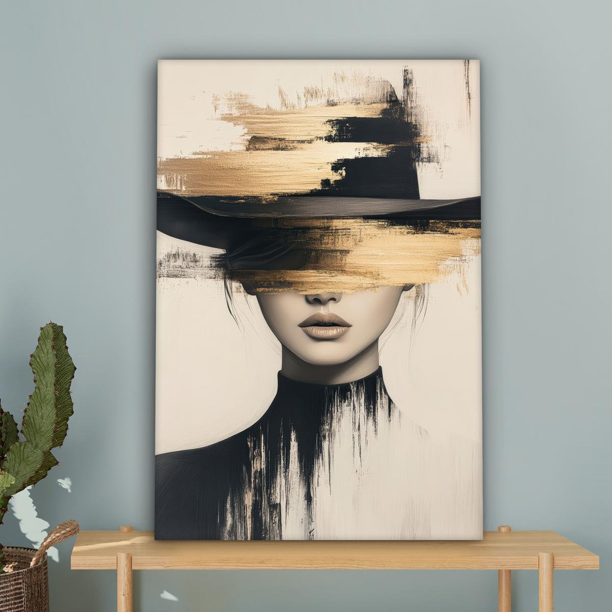 LEINWANDBILD Frau - Hut - Farbe Wanddeko 40x60 cm - Goldfarben, Textil (40/60cm) - MuchoWow