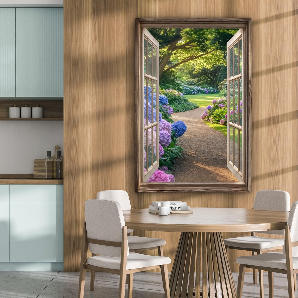 LEINWANDBILD Aussicht - Garten - Fenster - Hortensie - Blumen Deko XXL 80x120 cm - Pastellblau, Textil (80/120cm) - MuchoWow