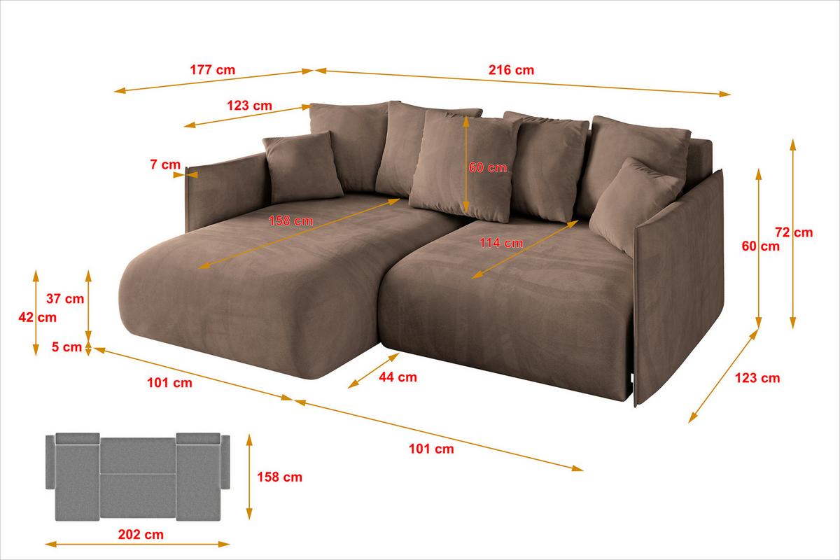 ECKSOFA Ottomane links ONESK-L 216x177x72 Braun Velours - Braun, Holzwerkstoff/Kunststoff (216/177cm) - ALTDECOR