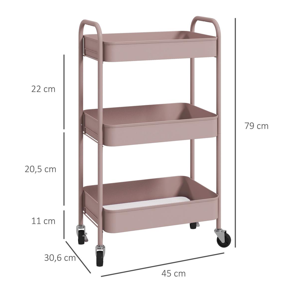 SERVIERWAGEN Rollwagen mit 3 Etagen, für Küche, Wohnzimmer, Stahl, Rosa - Rosa, Metall (30.6/79/45cm) - HOMCOM