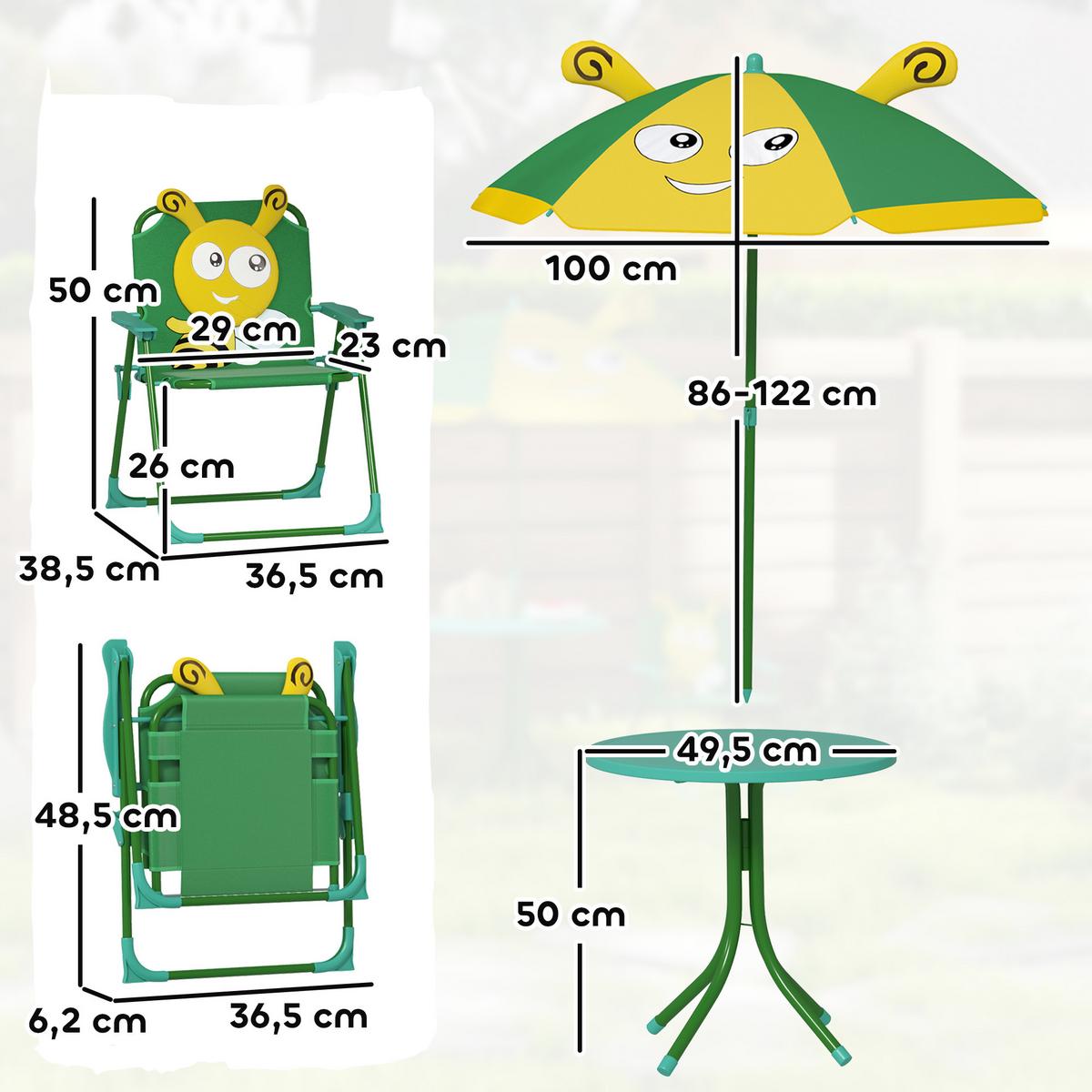 KINDERSITZGRUPPE Garten Kindersitzgarnitur mit 2 Klappstühlen Bienen-Muster Grün - Grün, Metall - AIYAPLAY