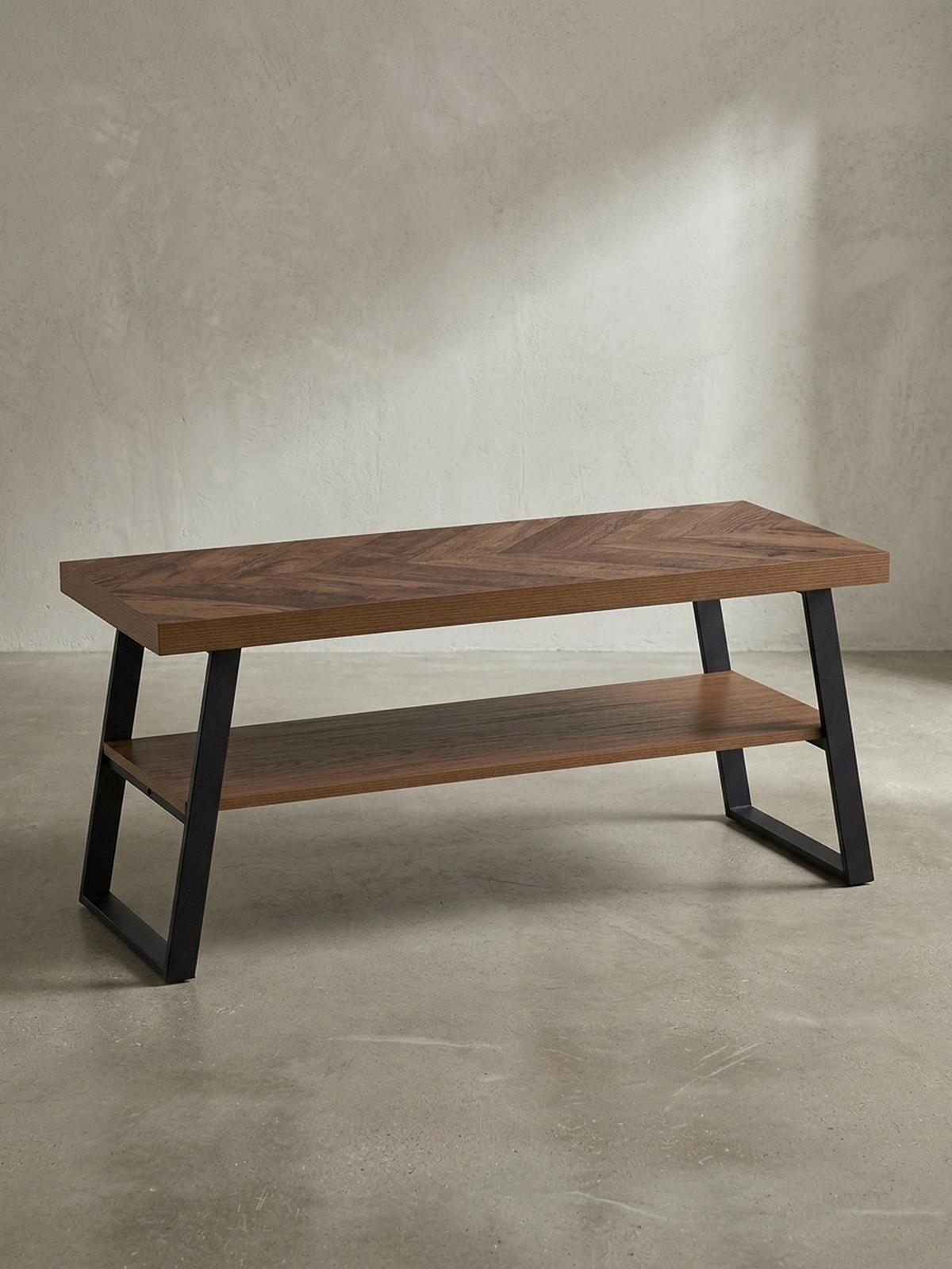 COUCHTISCH Braun Fischgrät-Muster 100x40x41cm mit Ablage und Metallgestell - Schwarz/Braun, Holz/Metall (40/100/41cm) - KADIMA DESIGN