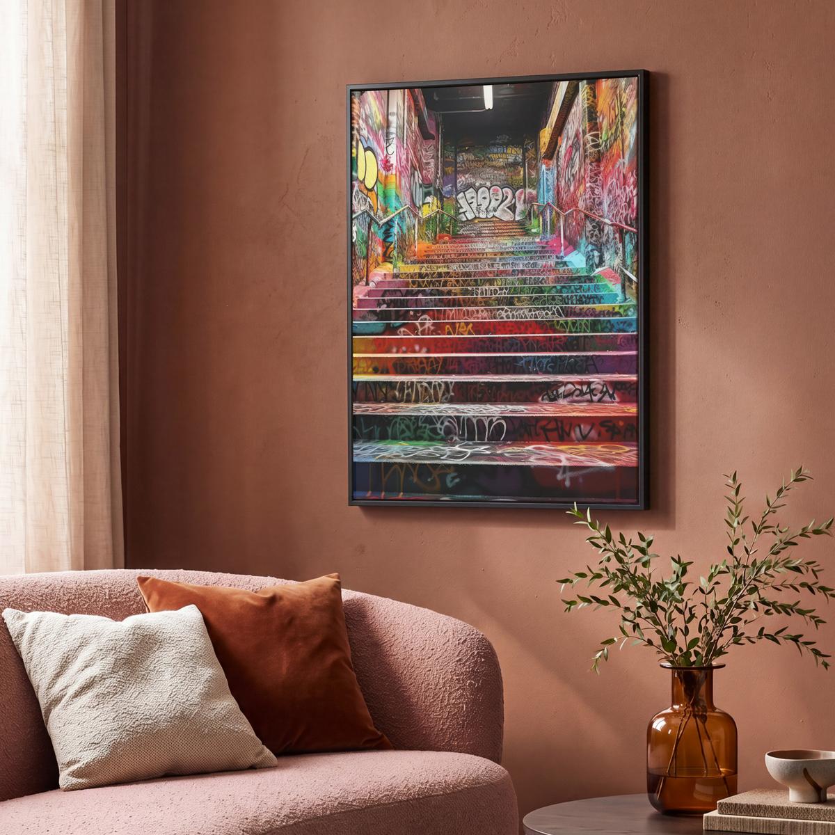 LEINWAND Bilder mit Rahmen - Treppe - Graffiti - Farben - Kunst - 70x100 - Multicolor, Textil (70/100cm) - MuchoWow