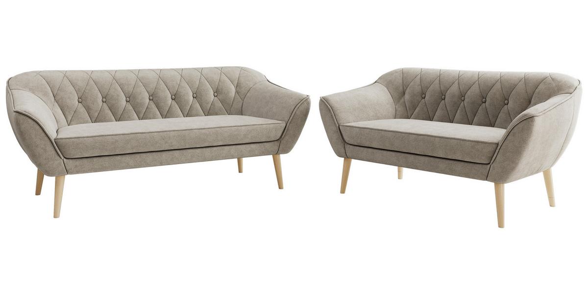 SITZGARNITUR PIRS 3+2 - Greige Strukture - Holzbeine - Greige/Buchefarben, Holzwerkstoff/Textil (180/75/74cm) - MKS
