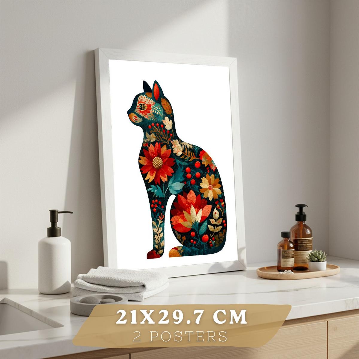 POSTER 2er-Set dekorative Badezimmer-Kunstdrucke, im Stil der Volkskunst für Wand, Toilette mit Vögeln und elegantem Blumen-Katzen Weißer Rahmen A4 - Weiß, Papier (29.7/21/3cm) - Nacnic