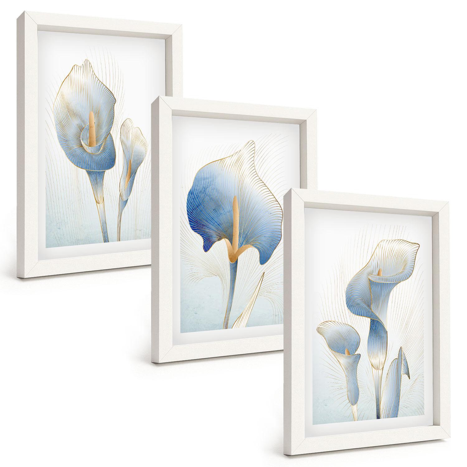 BILDER SET 3er Set - 20x30 cm Weißer Rahmen - Blaue Blumen im Hintergrund - Weiß, Kunststoff (20/30cm) - TULUP