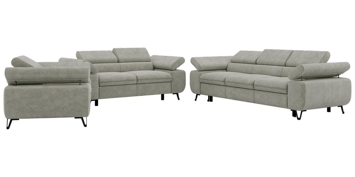SITZGARNITUR PETER 1+2+3 mit Schlaffunktion - Hellgrau Stukture - Hellgrau/Schwarz, Textil/Metall (262/76/99cm) - MKS