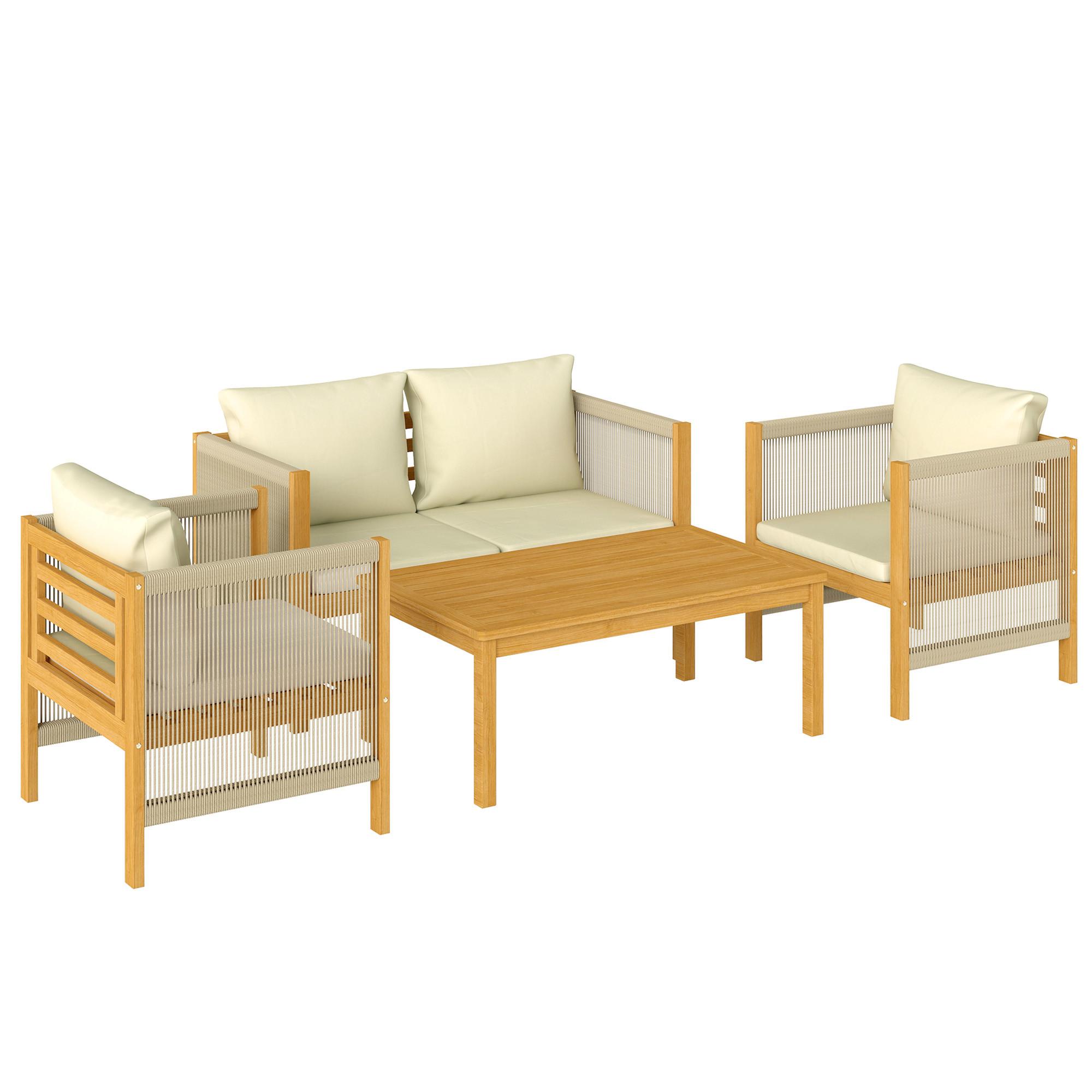 BALKONMÖBEL-SET 4er Set Akazienholz Polyester Beige - Beige/Akaziefarben, Holz/Textil - Outsunny