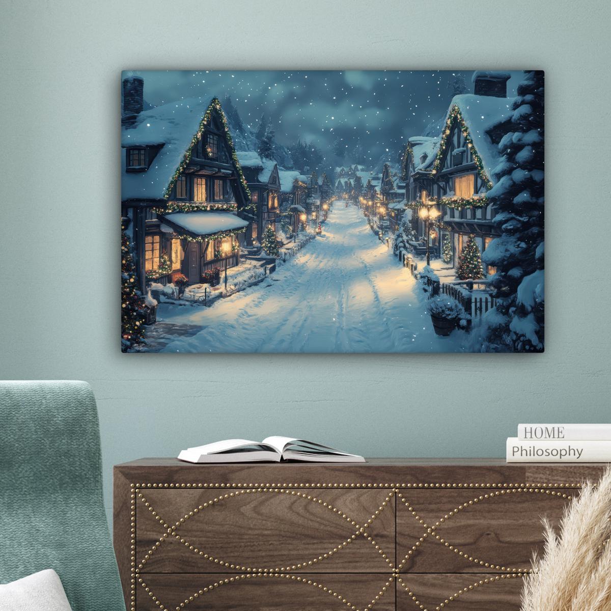 LEINWANDBILD Weihnachtsdorf - Weihnachten - Schnee - Winter Gemälde 60x40 cm - Dunkelblau, Textil (60/40cm) - MuchoWow