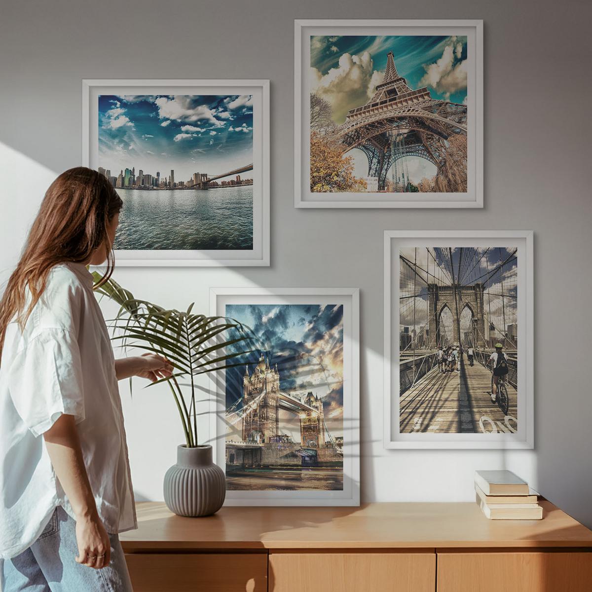 BILDER SET 4er Set - 50x50 cm & 40x60 cm Weißer Rahmen - Turmbrücken in europäischen Städten - Weiß, Kunststoff (50/50cm) - TULUP