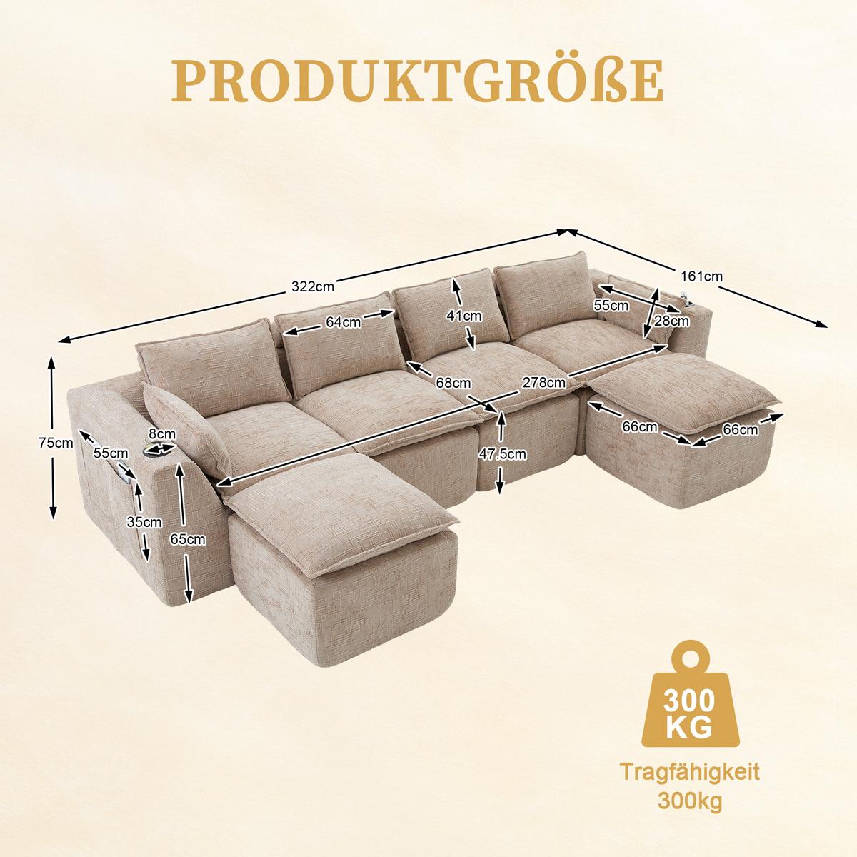 4-SITZER-SOFA aus chenille, modular mit 2 fußhockern und getränkehaltern - Sandfarben, Textil (322/75/161cm) - Urban Meuble