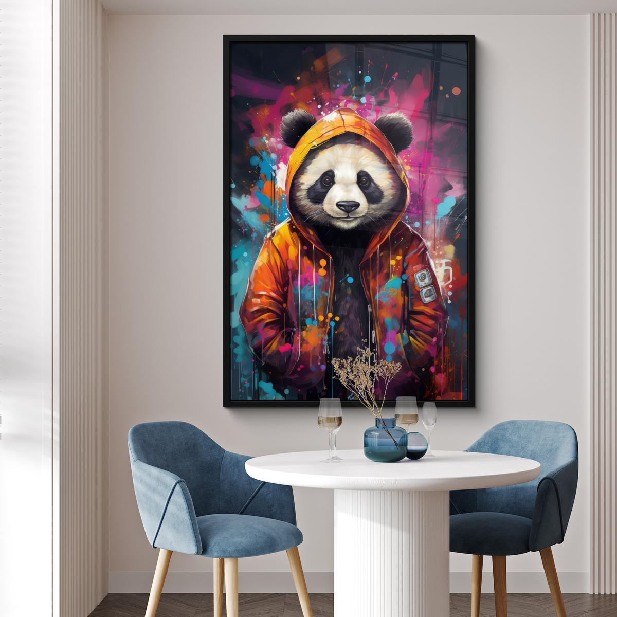 POSTER MIT RAHMEN Panda - Jacke - Graffiti - Orange Bilderleiste 80x120 cm - Orange, Papier (80/120cm) - MuchoWow