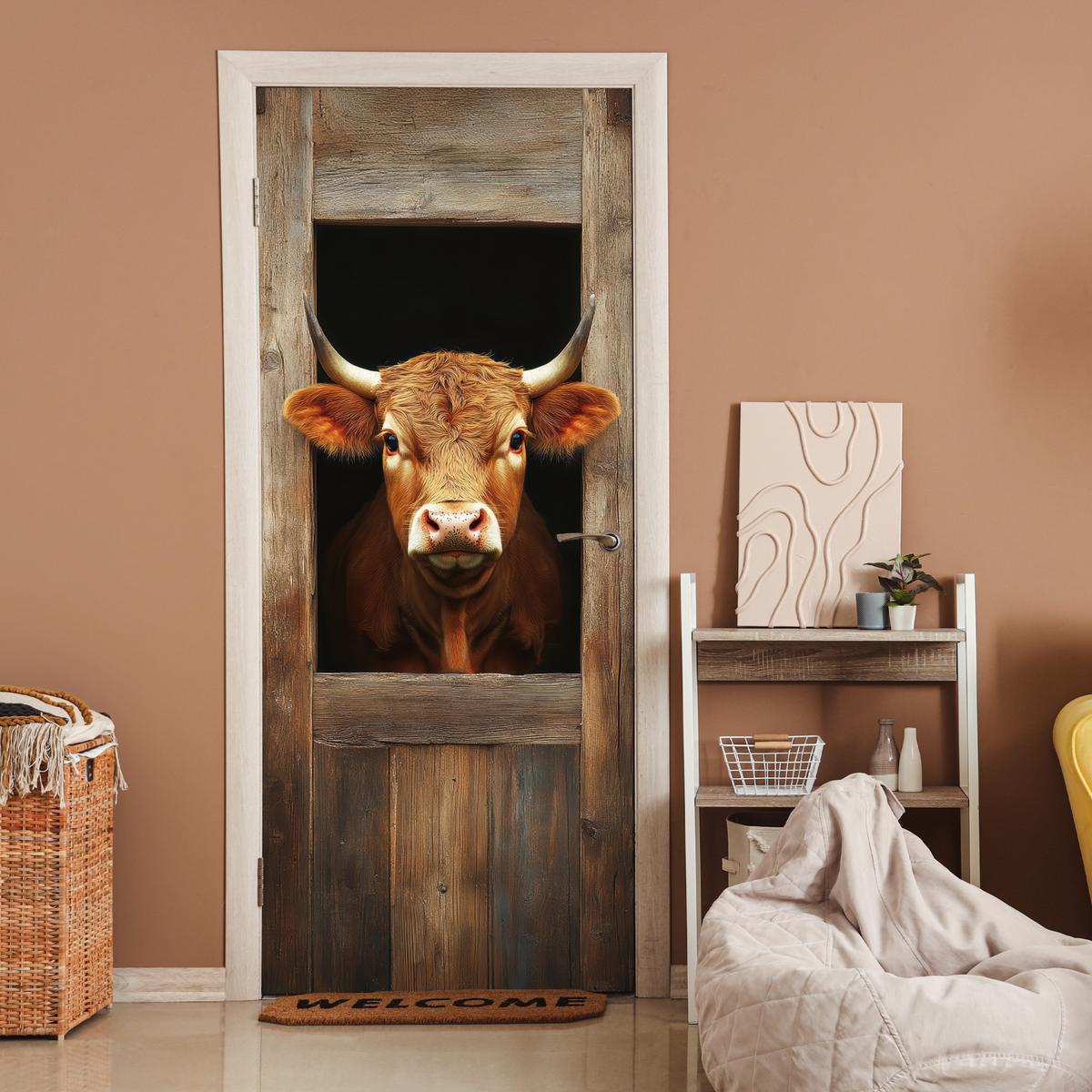 TÜRAUFKLEBER Kuh - Fenster - Holz - Tiere 90x215 cm - Türtapete - Wengefarben, Kunststoff (90/0.1cm) - MuchoWow