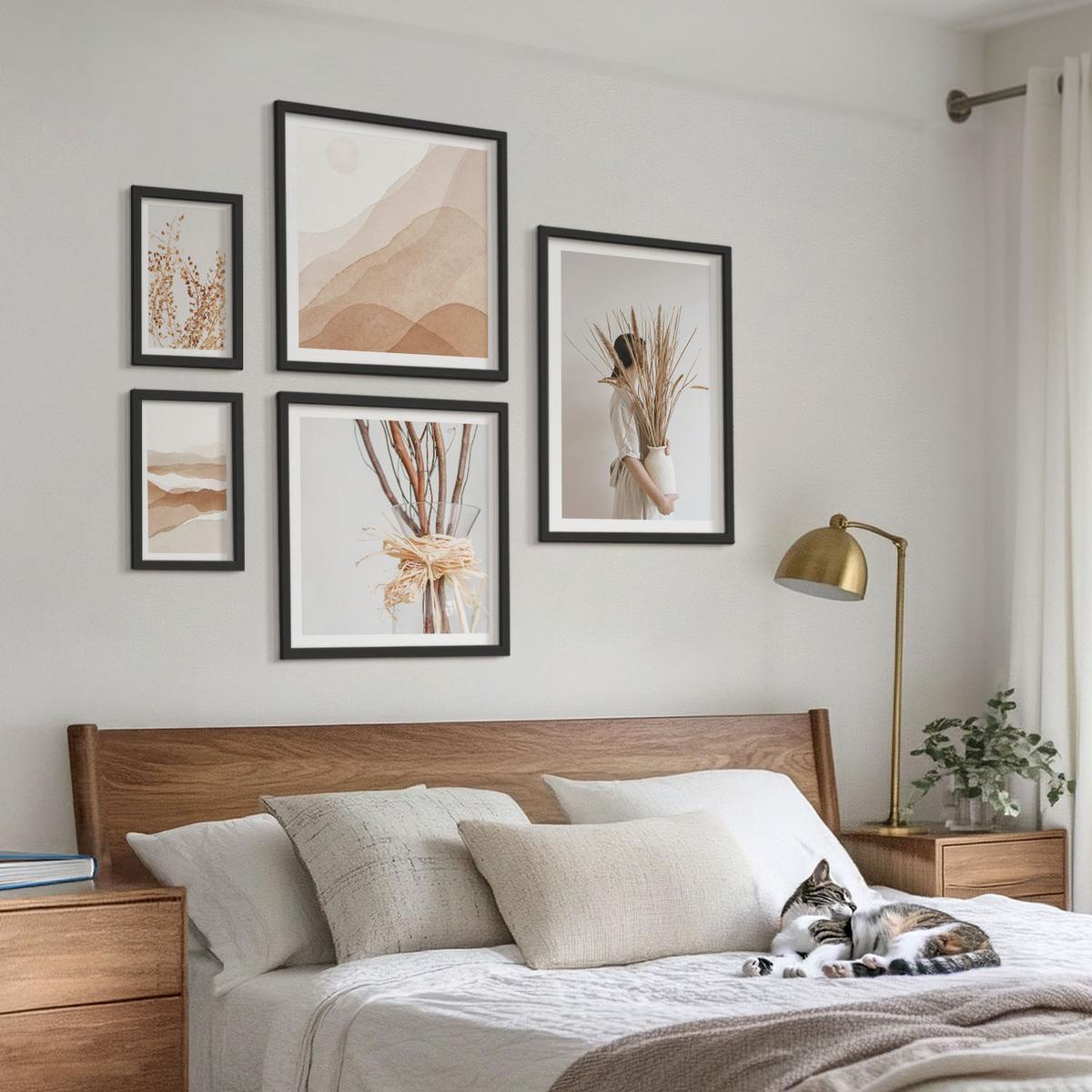BILDER SET 5er Set - 50x50 cm & 20x30 cm & 40x60 cm Schwarzer Rahmen - Pflanzenmotive im Boho-Stil - Schwarz, Kunststoff (40/60cm) - TULUP